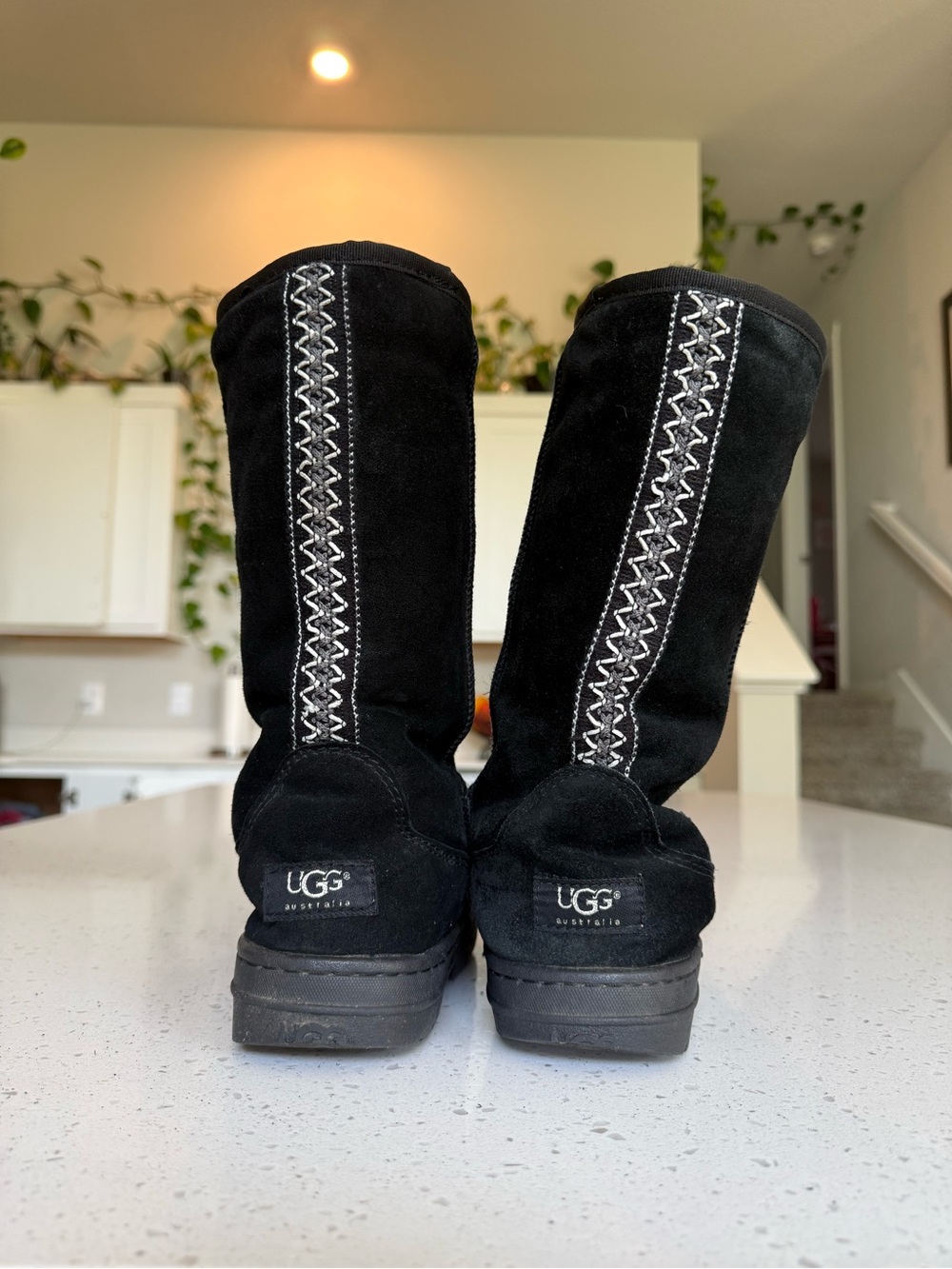 UGG Black Suede Mid-Calf Boots with Contrast Stitching